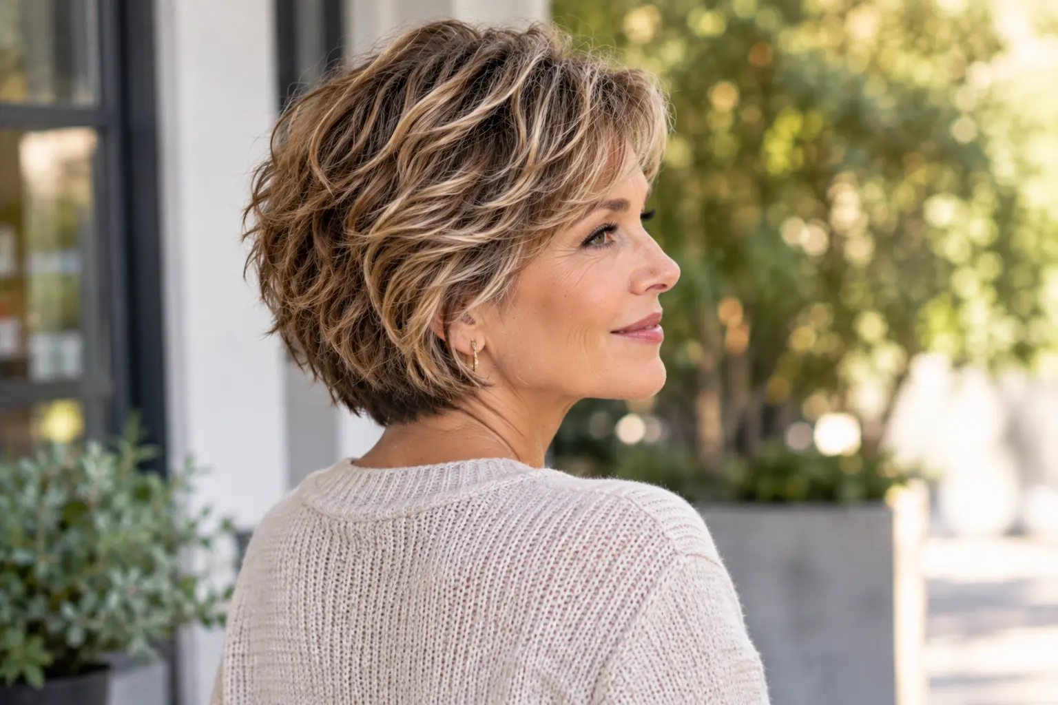 Mature woman with a short layered brunette bob with blonde highlights, viewed from the side.