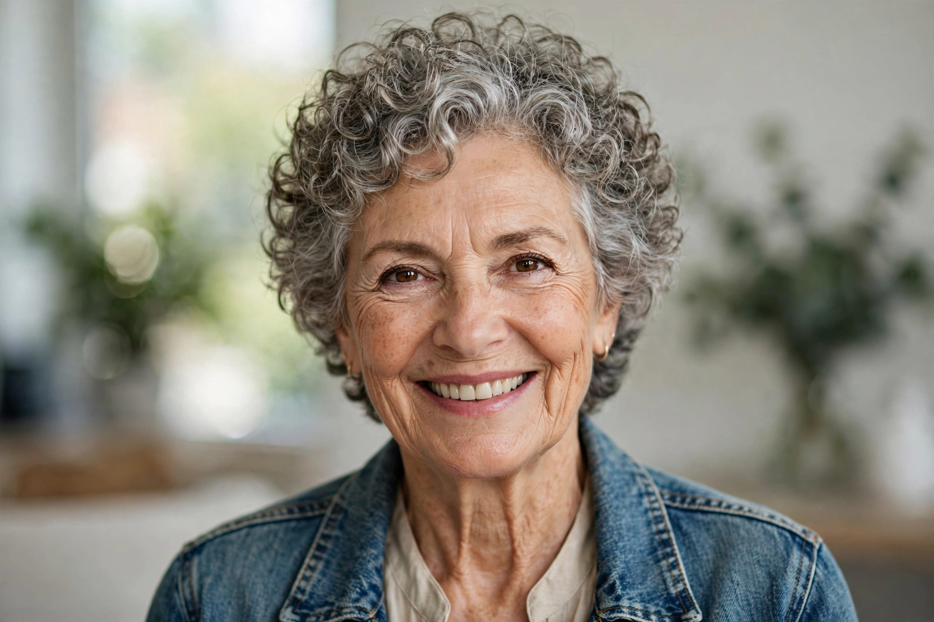 Short natural curly hairstyle with silver and salt-and-pepper hair for a woman over 60