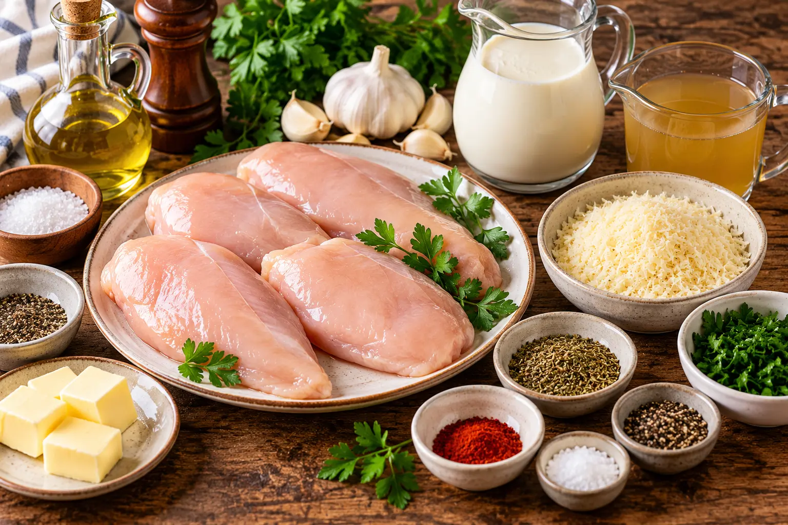 Ingredients for creamy garlic chicken breast with chicken, garlic, cream, Parmesan and herbs