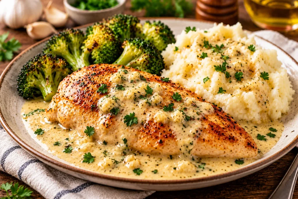 Creamy garlic chicken breast served with rice and broccoli