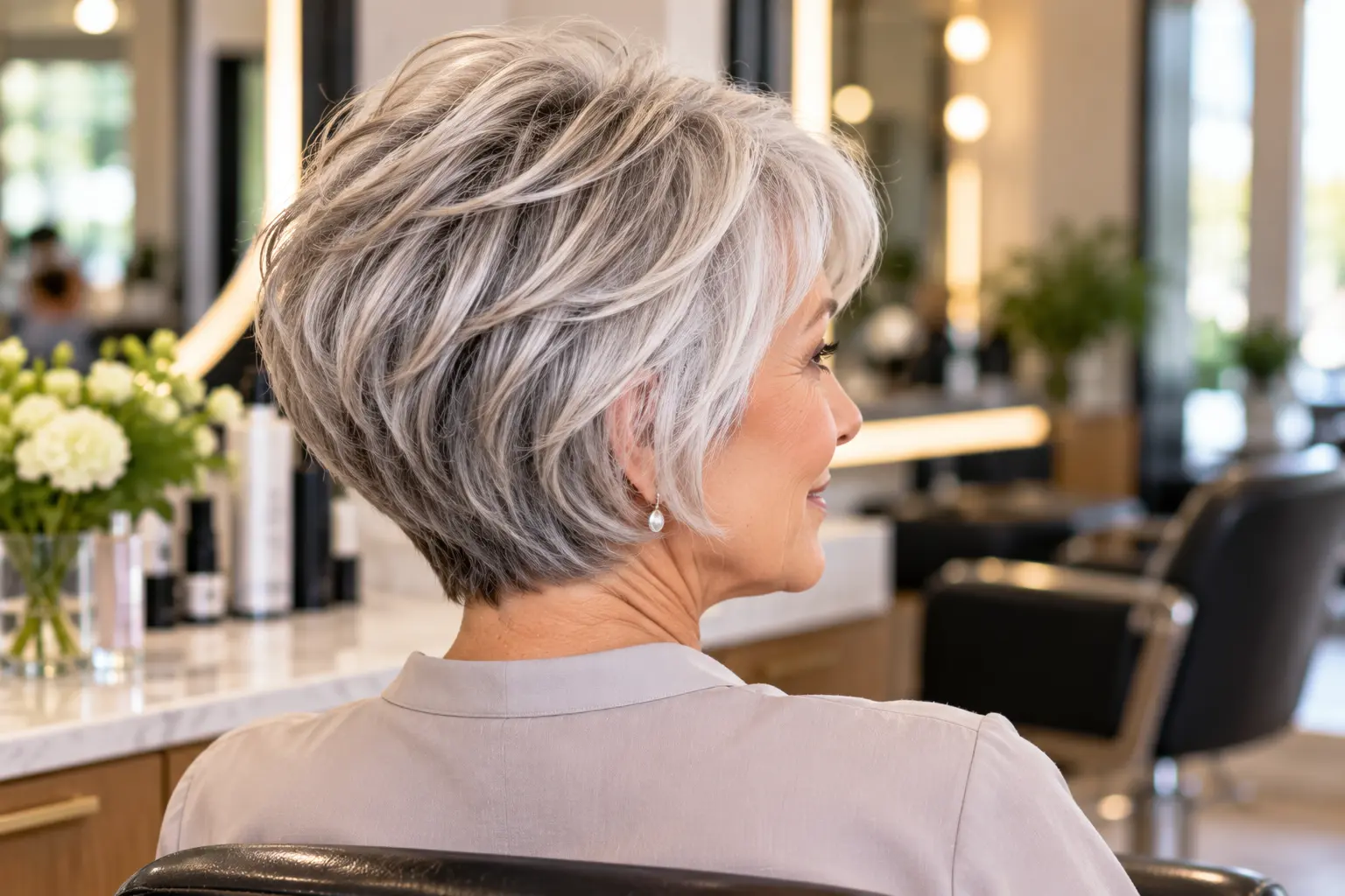 Mature woman with a voluminous silver-gray layered bob, viewed from the back and side.