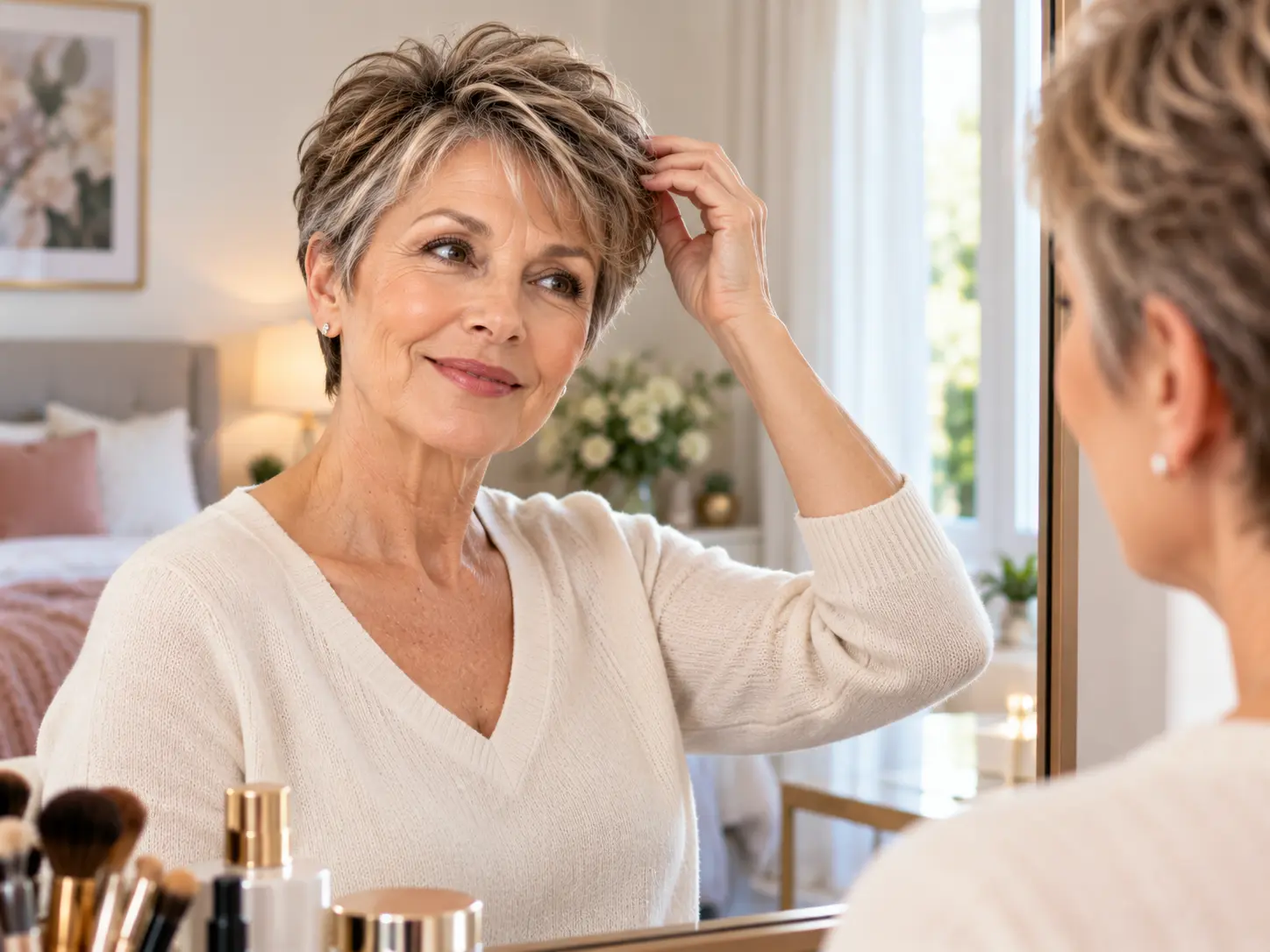 Mature woman with a short highlighted pixie haircut styling her hair at a bedroom mirror.
