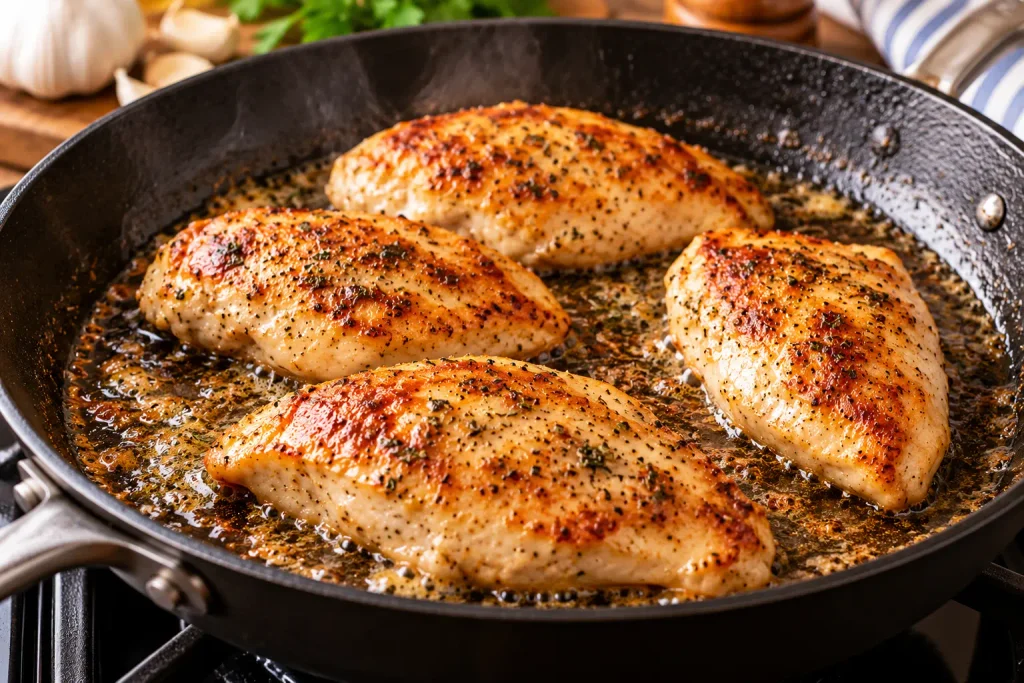Chicken breasts searing in a skillet until golden brown