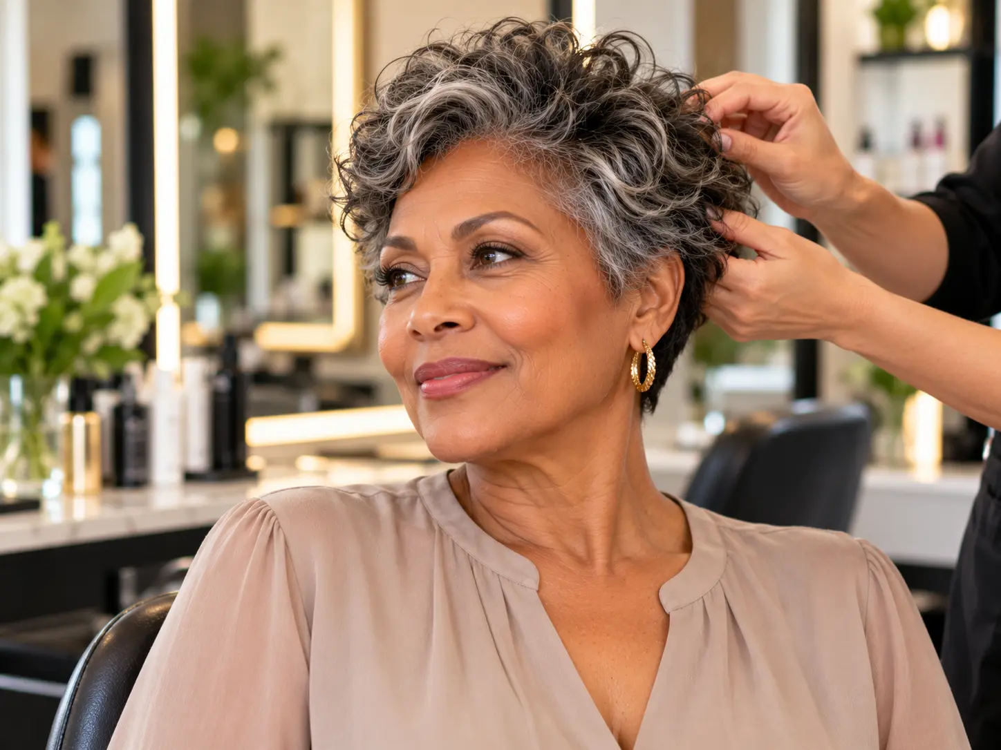 Mature Black woman with a short curly salt-and-pepper pixie haircut in a salon.