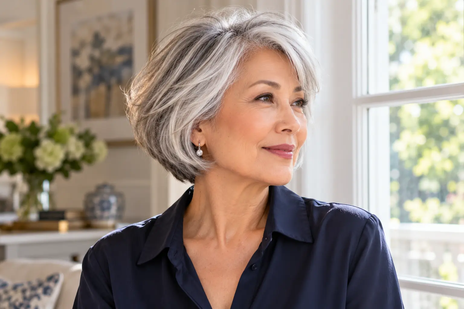 Mature woman with a softly layered silver-gray bob near a bright window.