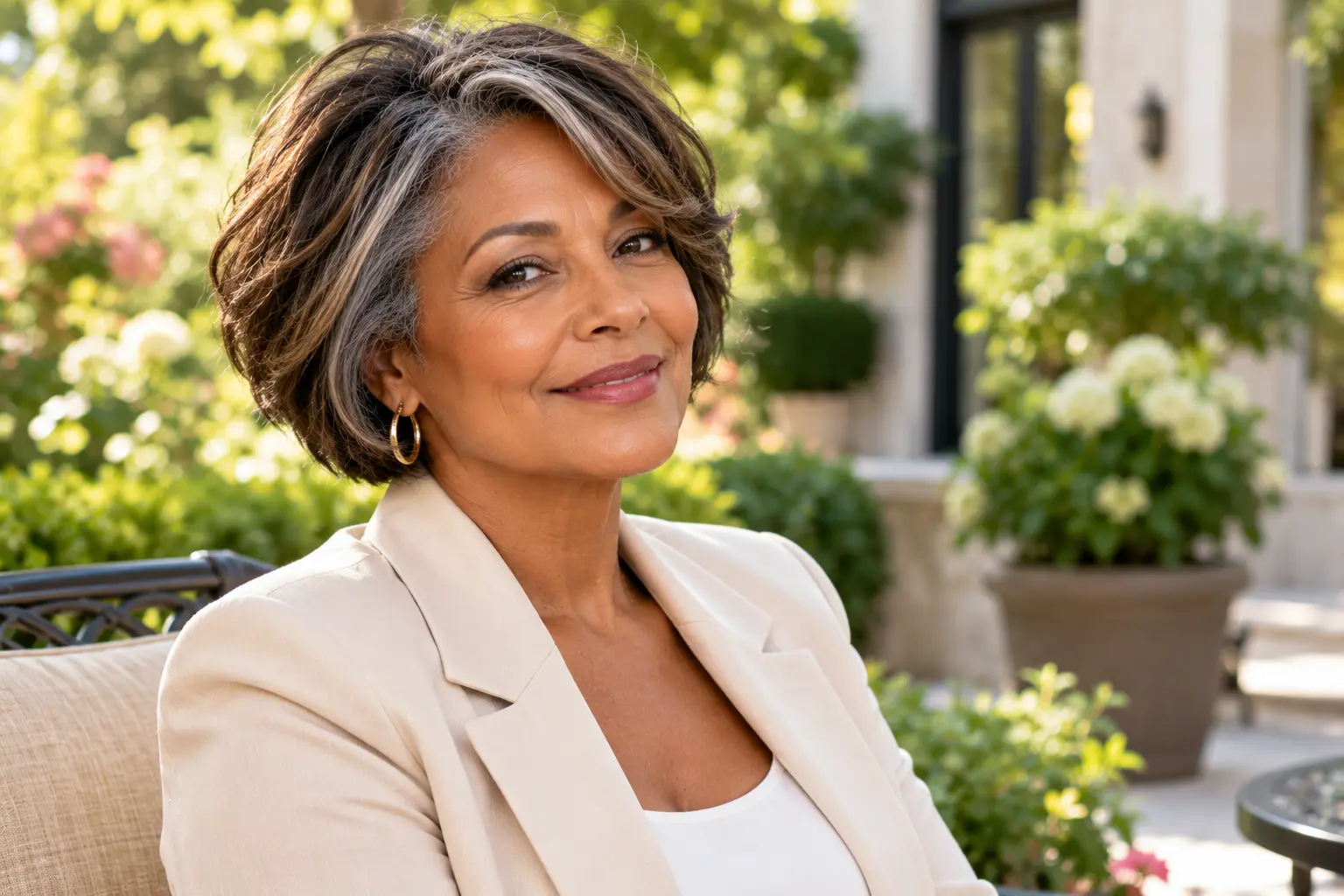 Mature woman with a short layered brunette bob and silver highlights in a garden setting.