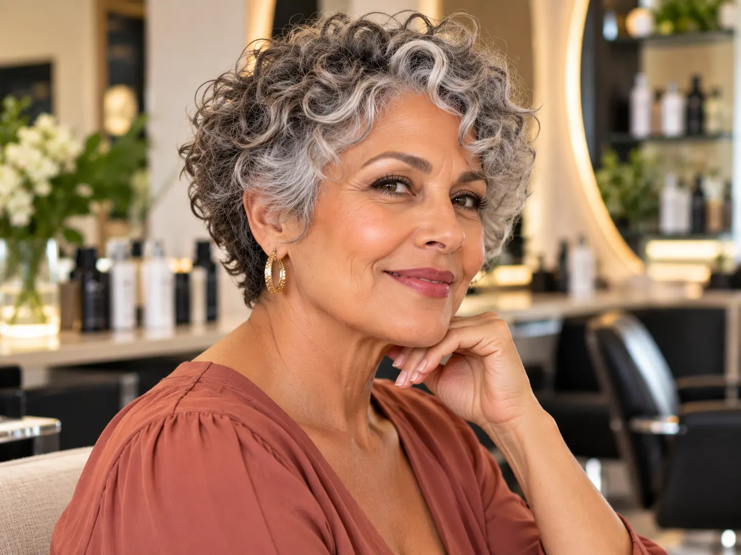 Mature woman with a short, naturally curly salt-and-pepper hairstyle in a salon.