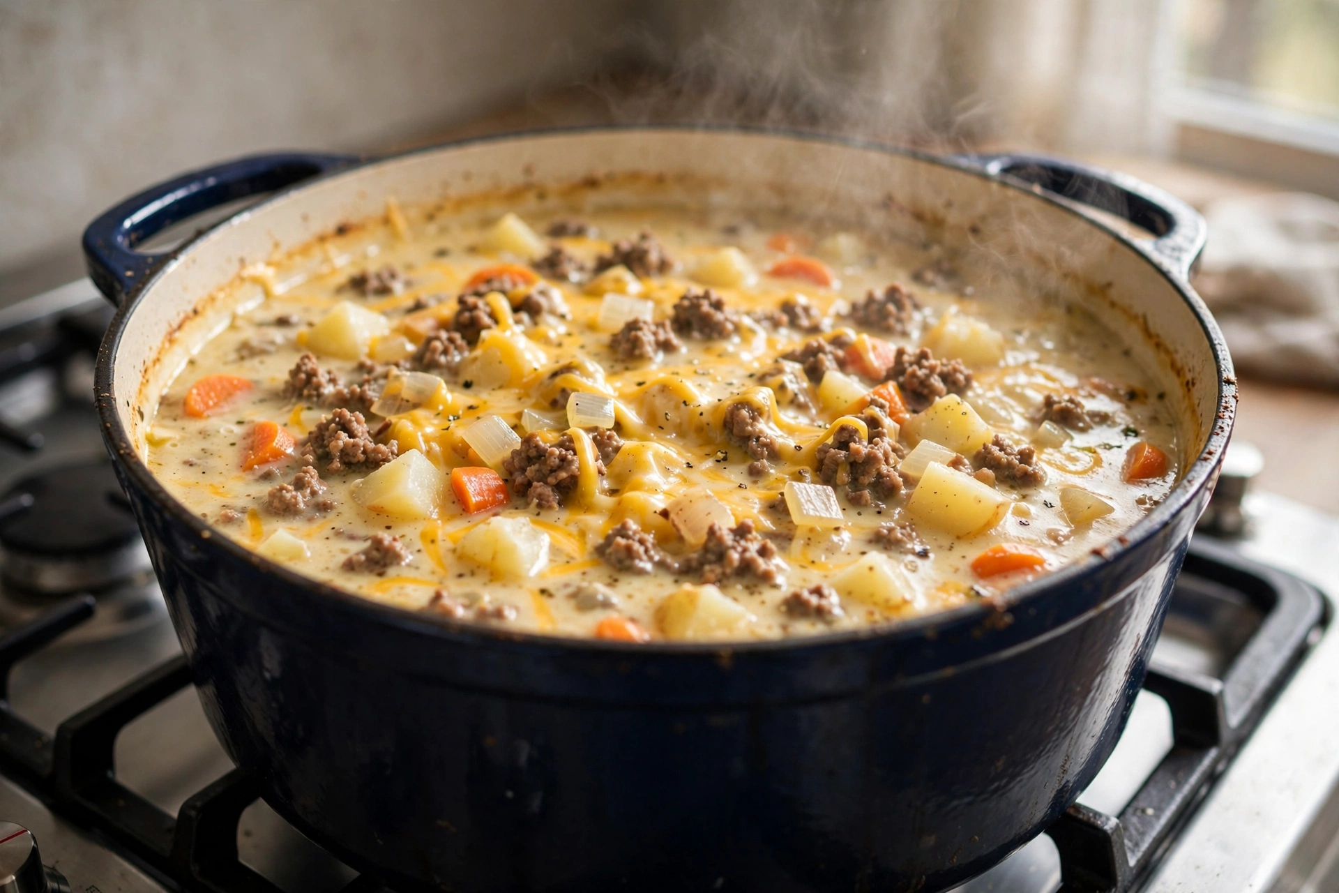 Cheesy hamburger potato soup simmering with ground beef, potatoes, and vegetables in a pot