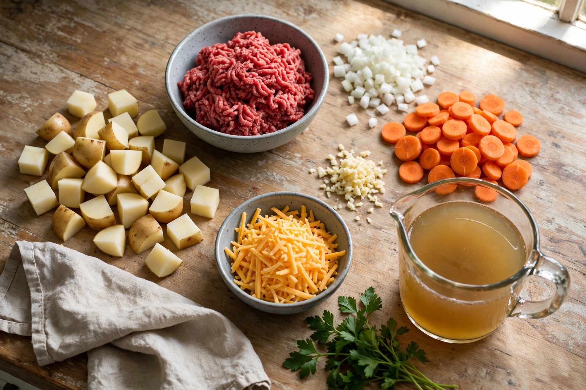 Ingredients for cheesy hamburger potato soup, including ground beef, potatoes, carrots, onion, and cheddar cheese
