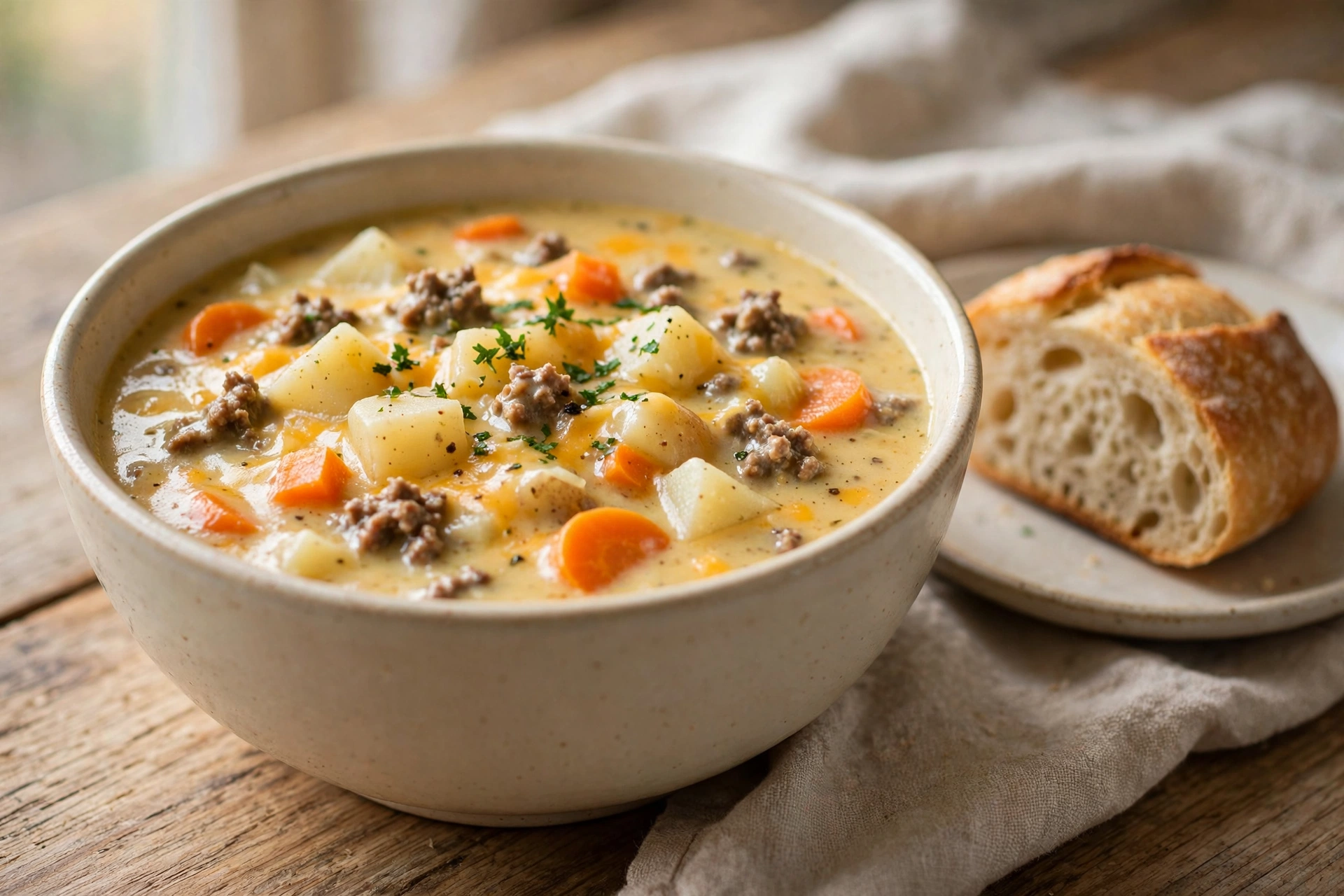 Bowl of creamy cheesy hamburger potato soup served with crusty bread