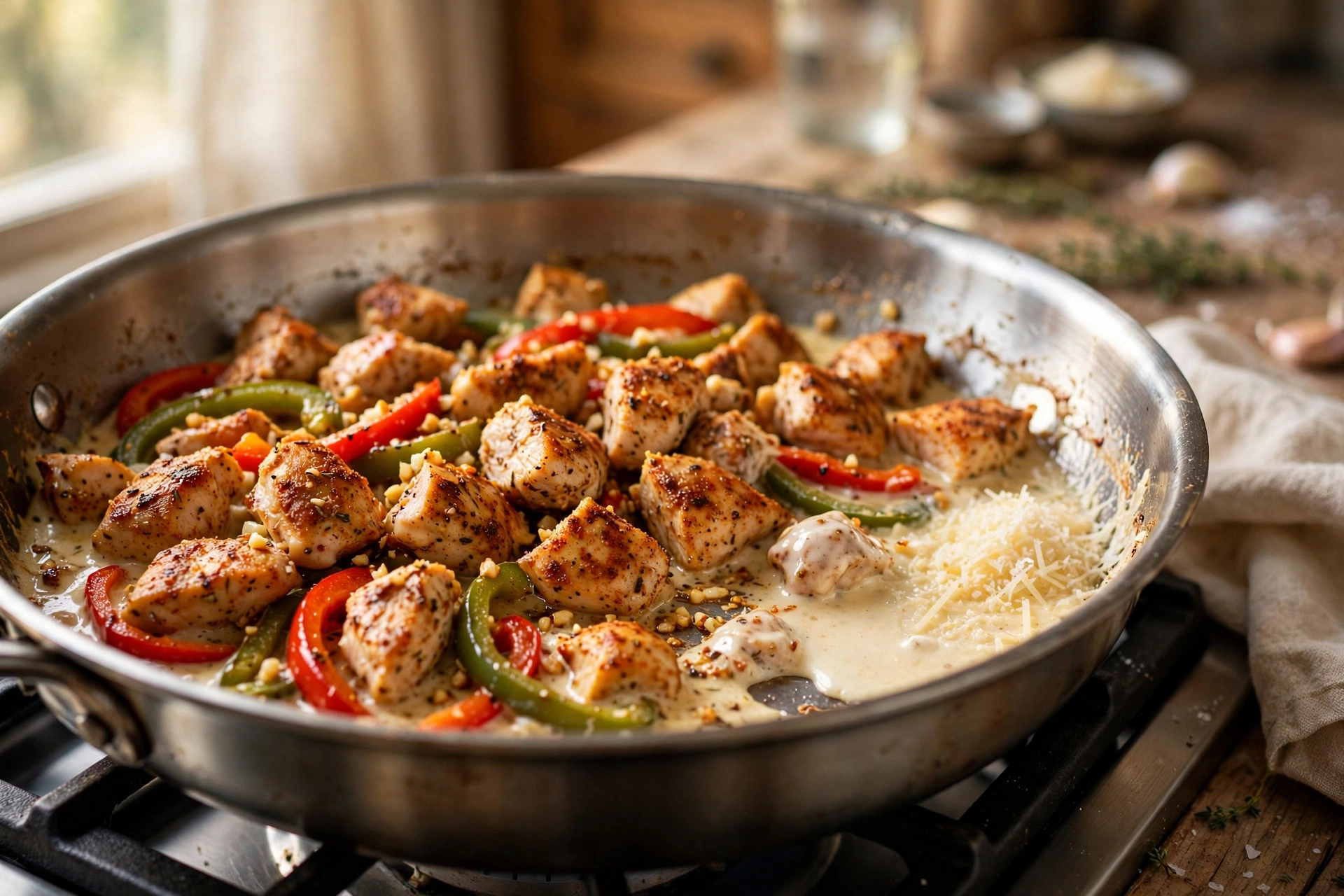Cajun-seasoned chicken and bell peppers cooking in a skillet for creamy pasta