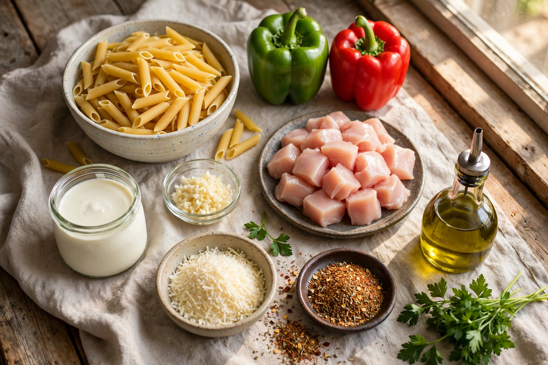 Ingredients for creamy Cajun chicken pasta, including penne, chicken, bell peppers, cream, and Parmesan