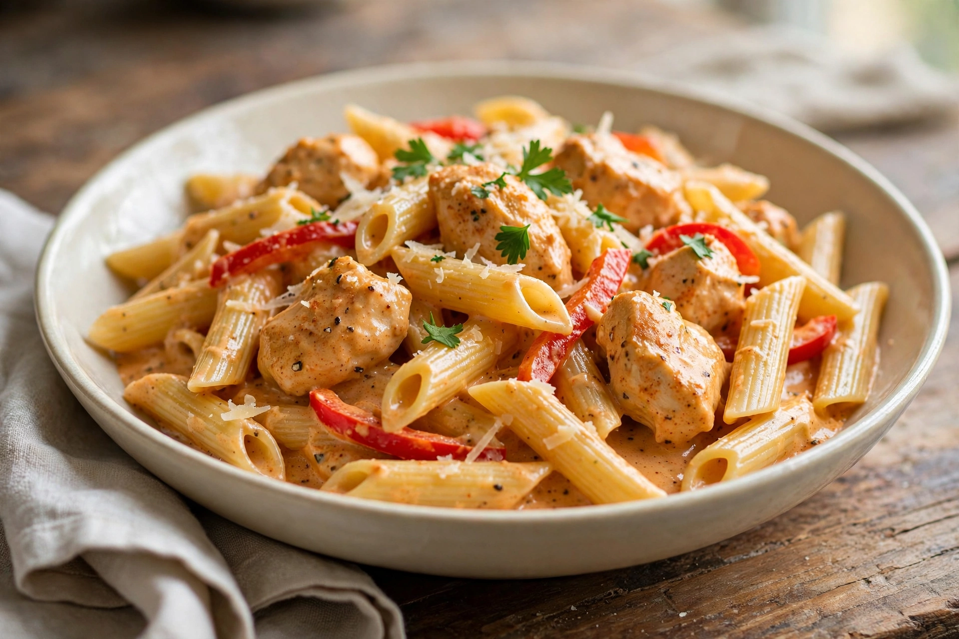 Creamy Cajun chicken penne pasta topped with Parmesan and fresh parsley