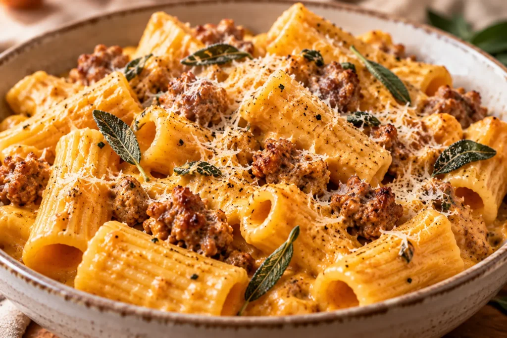 Creamy pumpkin sausage pasta with Parmesan and sage, an easy cozy fall dinner