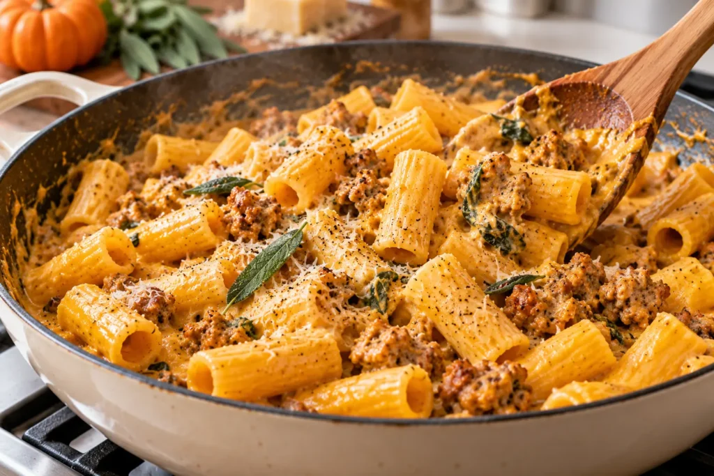 Rigatoni and browned sausage being coated in creamy pumpkin Parmesan sauce in a skillet