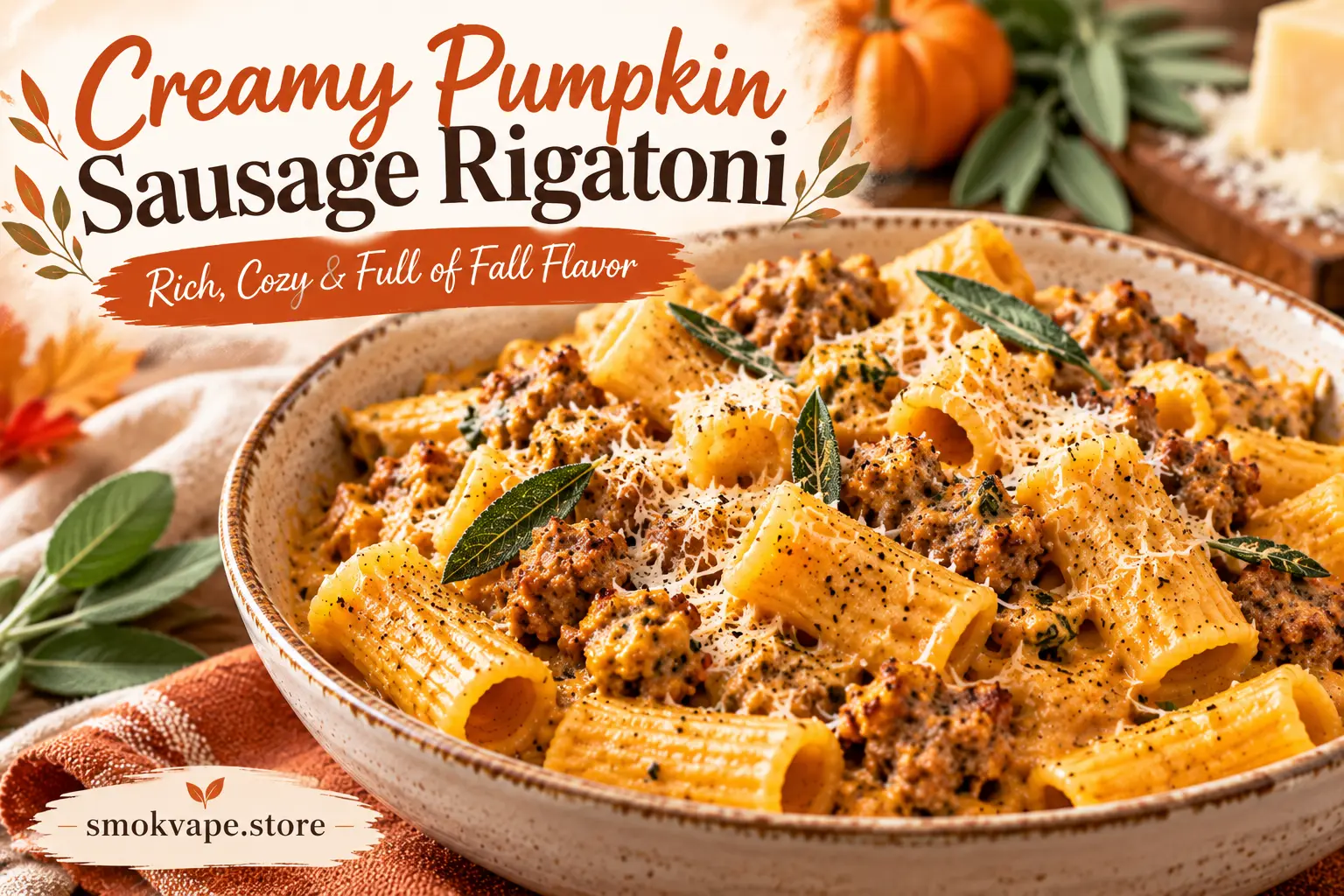 Creamy pumpkin sausage pasta with Parmesan and fresh sage