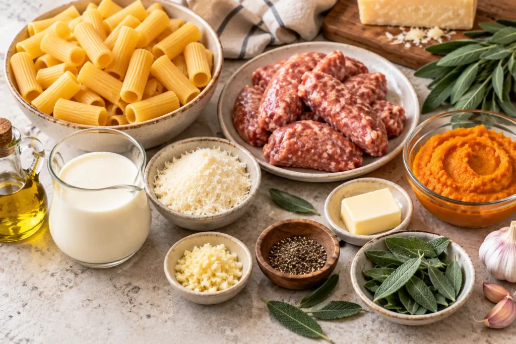 Ingredients for creamy pumpkin sausage pasta, including rigatoni, pumpkin puree, sausage and Parmesan
