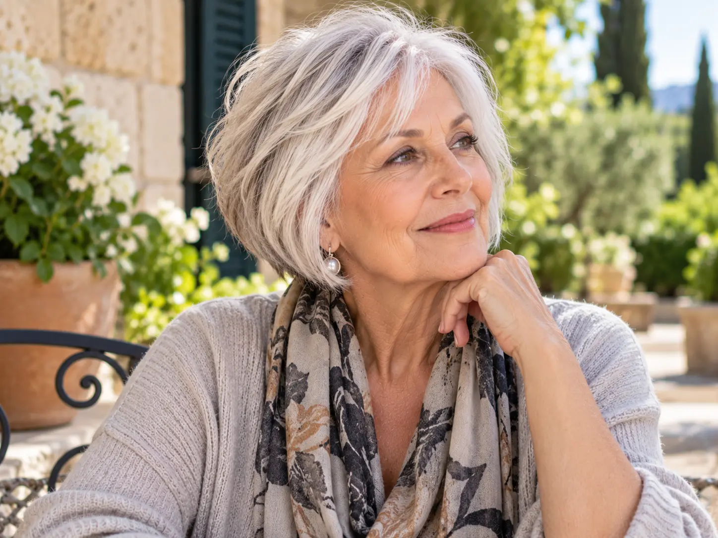 Mature woman with a face-framing silver bob haircut
