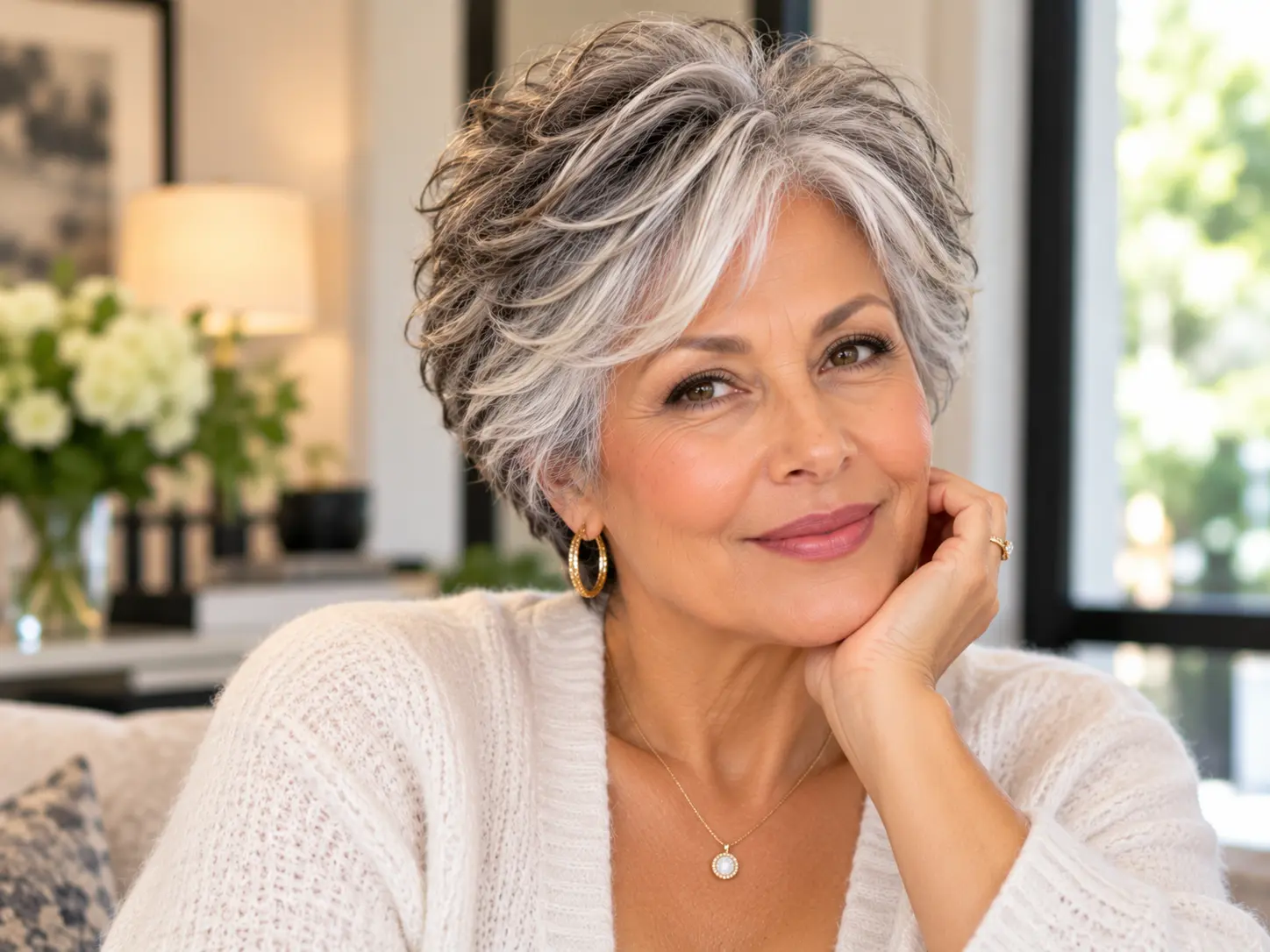 Mature woman with a short silver pixie haircut and side-swept layers.