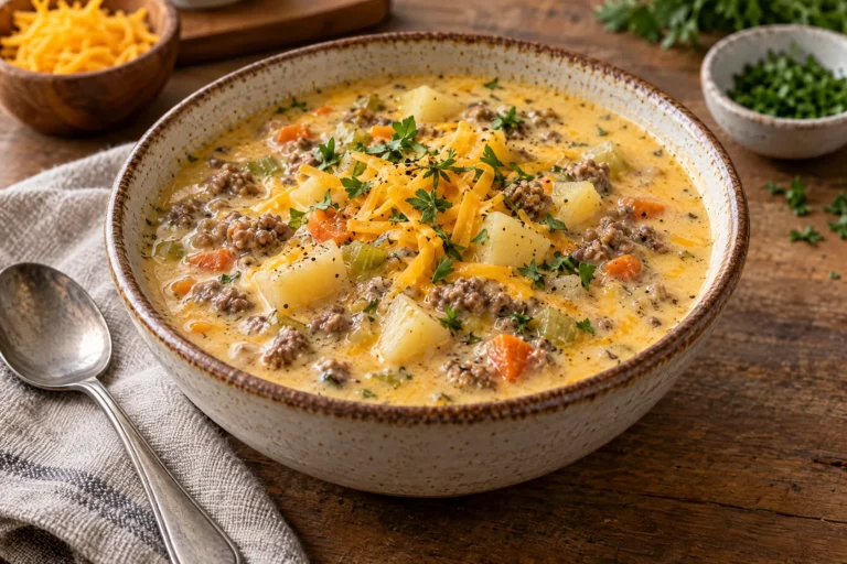 Creamy cheesy hamburger potato soup with ground beef, tender potatoes, and cheddar cheese.