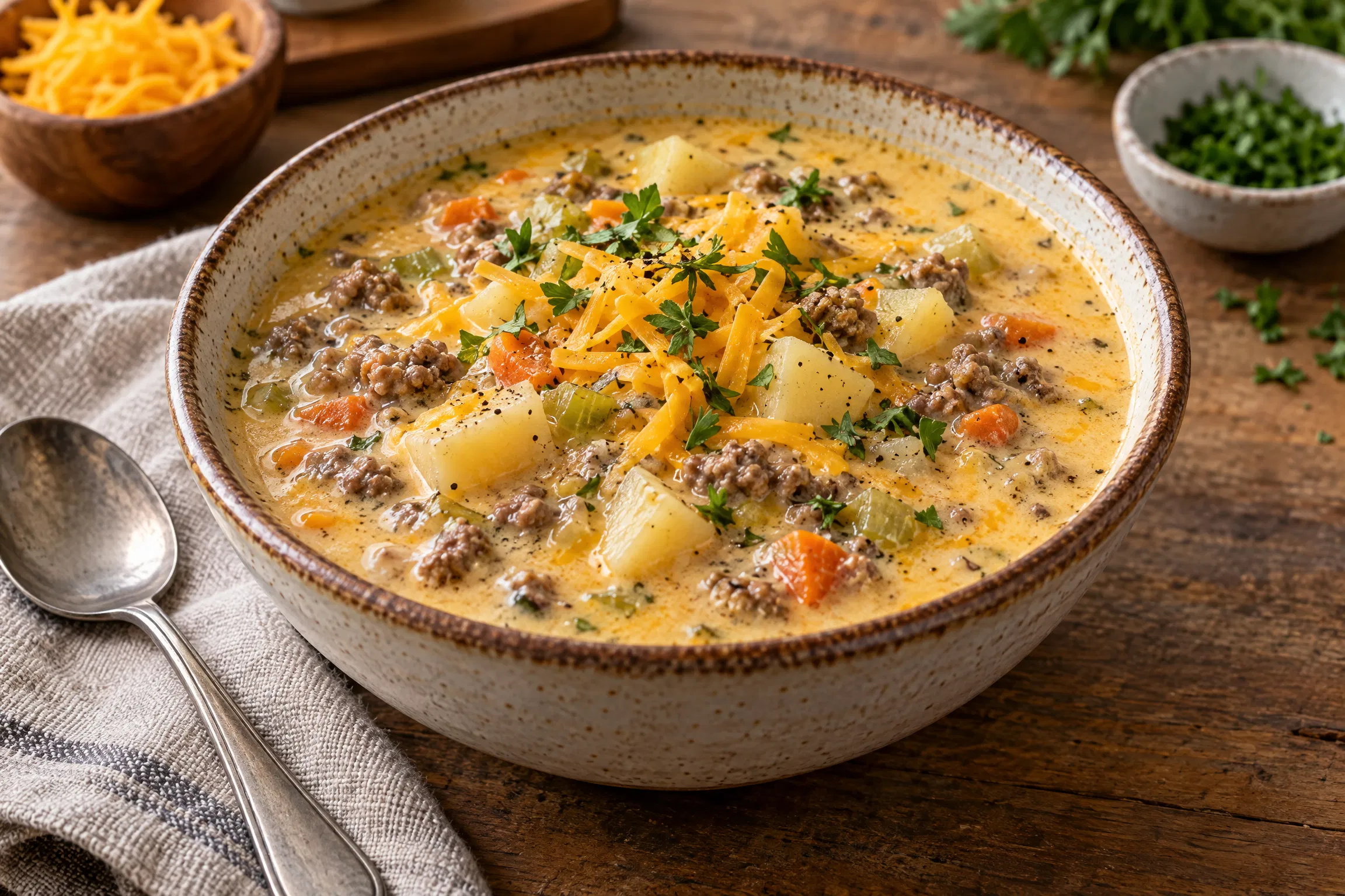 Creamy cheesy hamburger potato soup with ground beef, tender potatoes, and cheddar cheese.