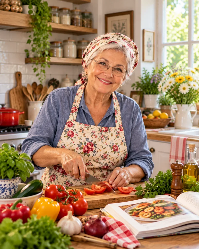 Grandmother cooking in a cozy kitchen for Her Table & Style