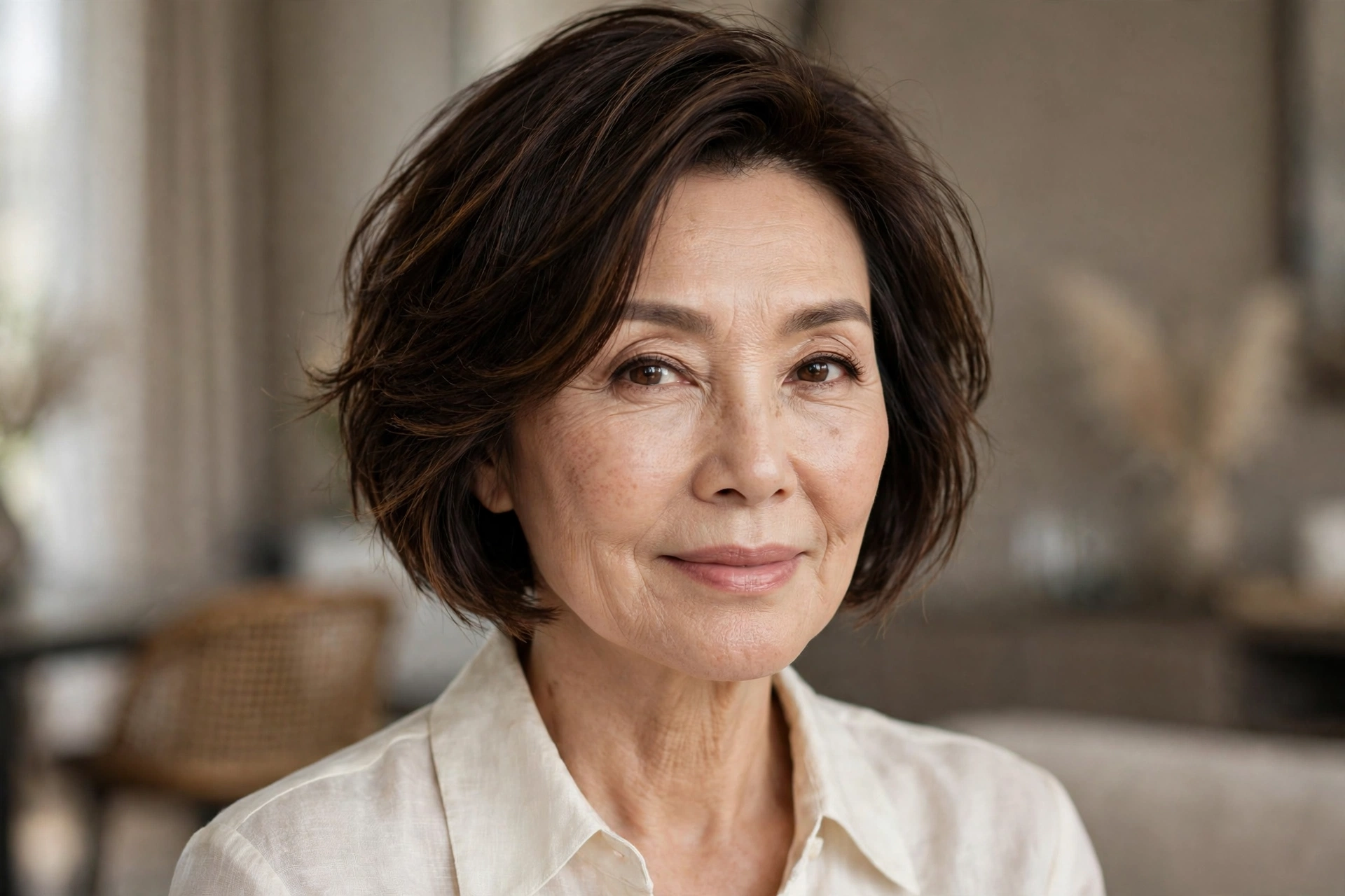 Modern textured short bob hairstyle for a woman over 50