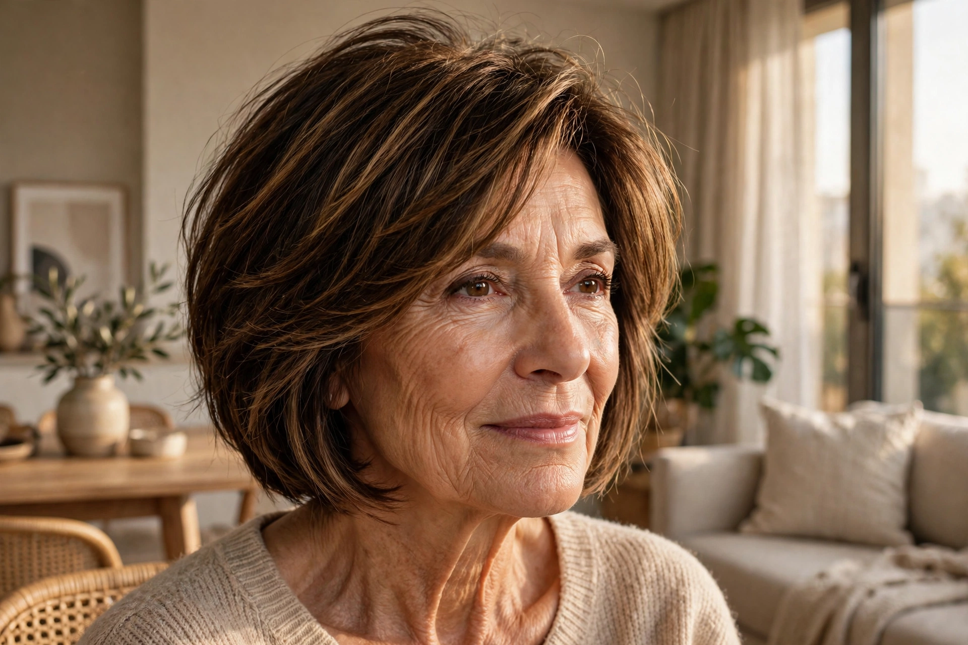 Modern layered bob hairstyle for a woman over 50