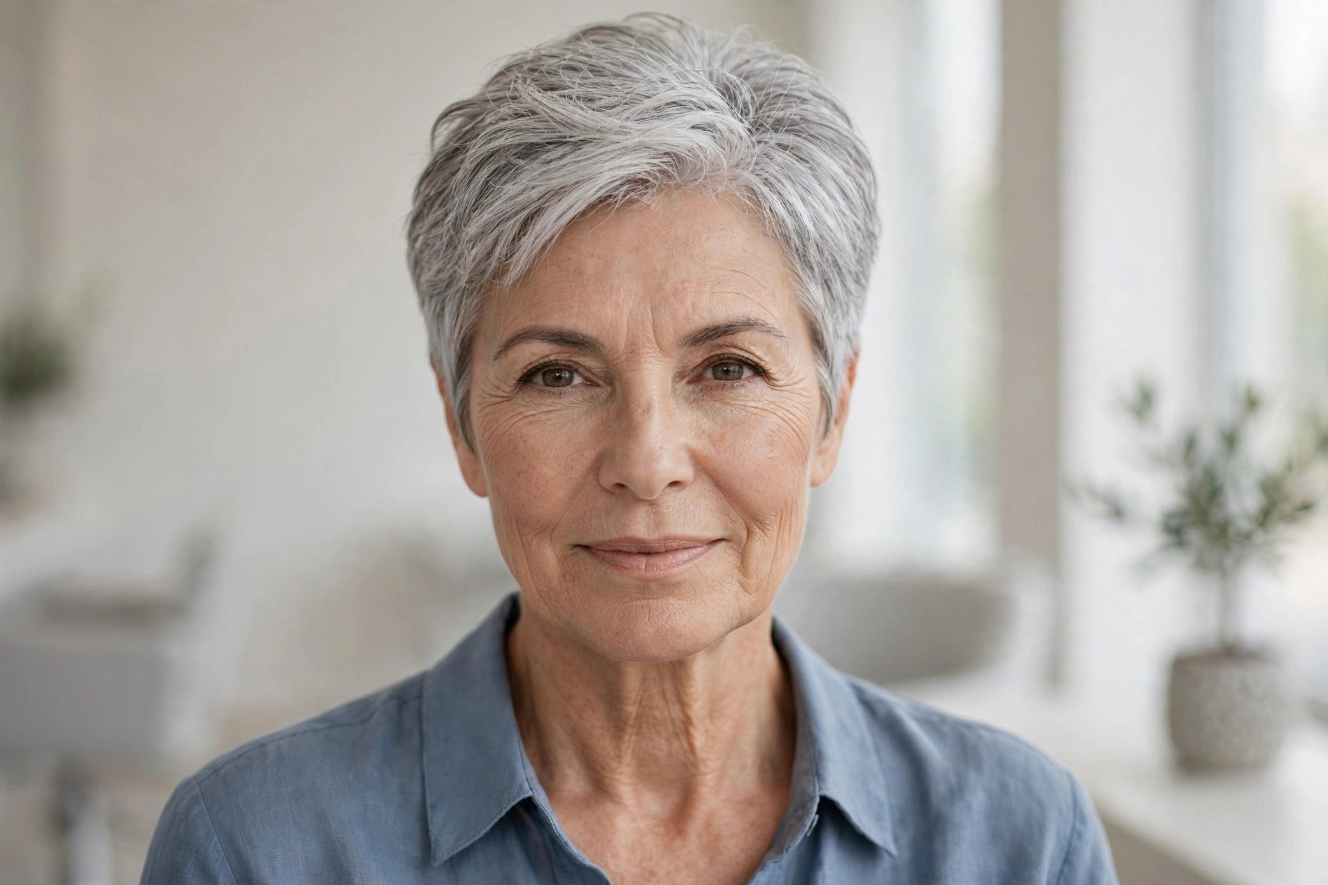 Modern short silver crop hairstyle for a woman over 50