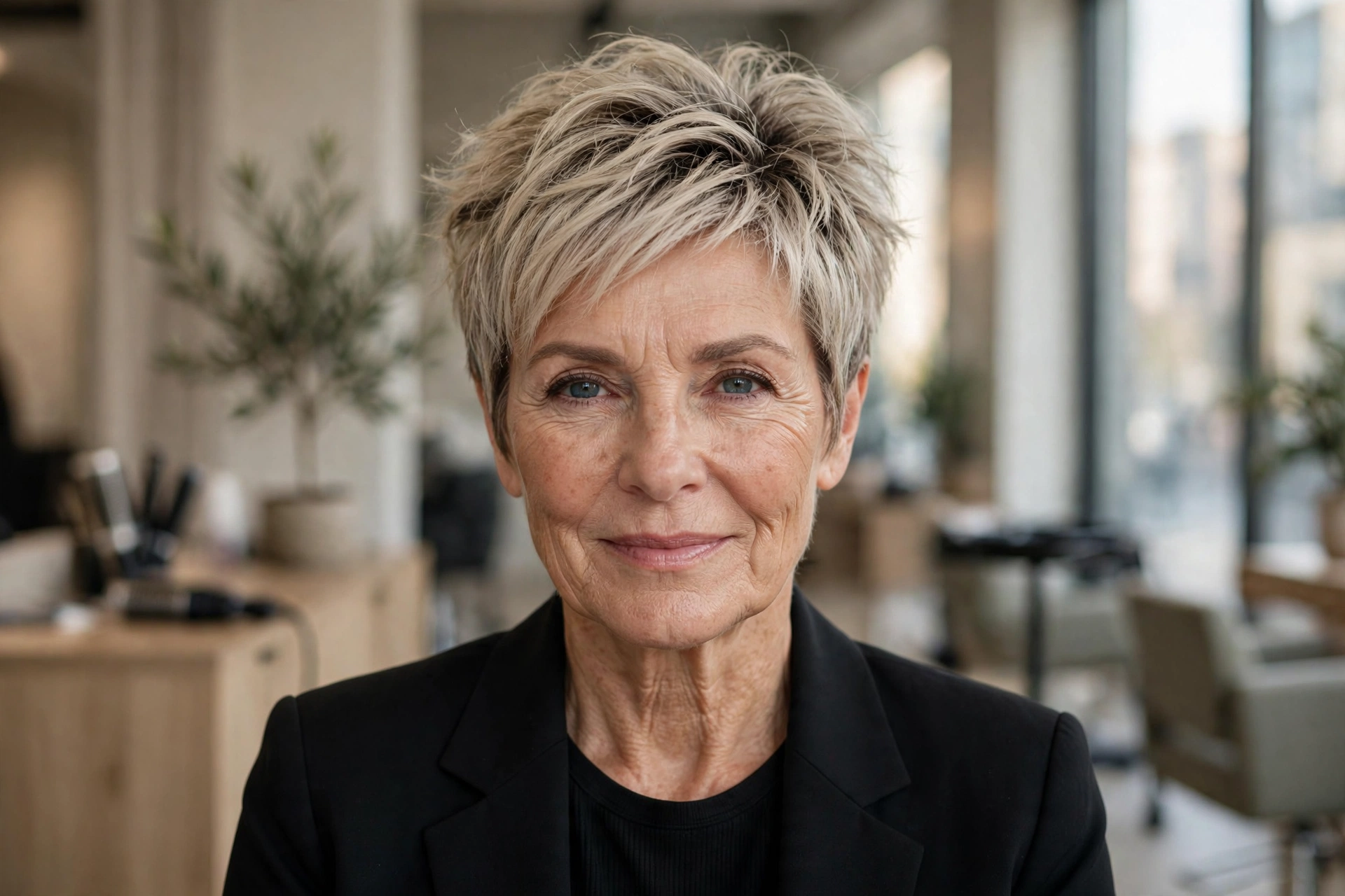 Modern textured pixie haircut for a woman over 50