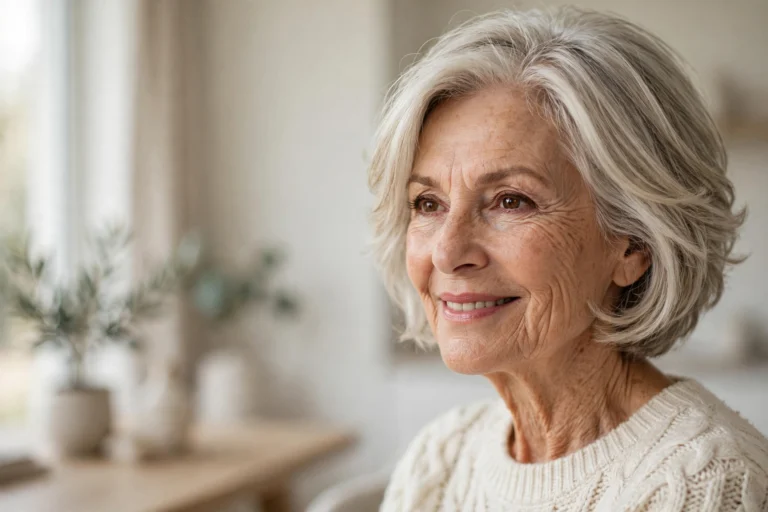 Elegant short layered bob hairstyle for a woman over 60 with silver-blonde hair, short hairstyles for women over 60