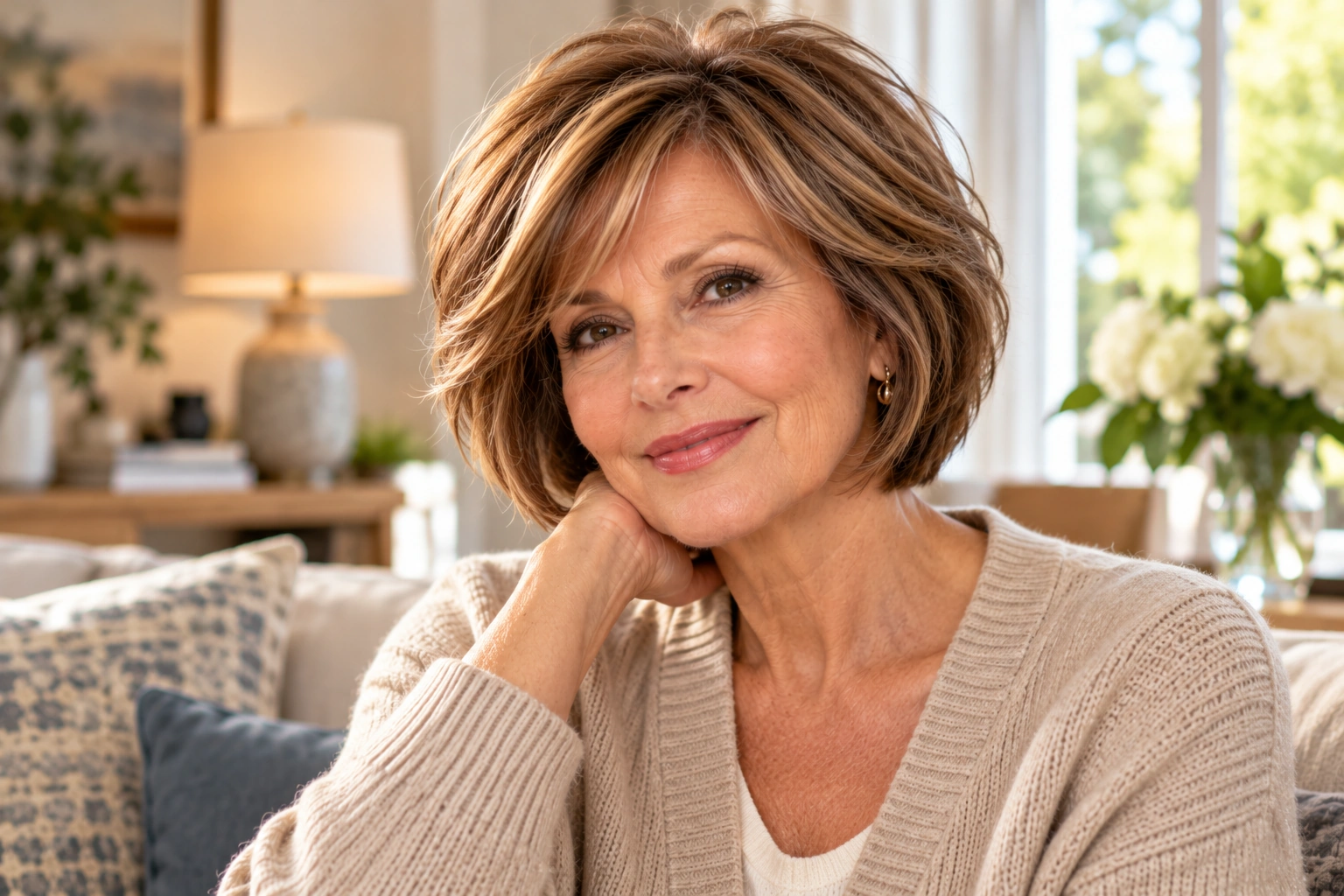 Short layered bob hairstyle with natural highlights for a woman over 60