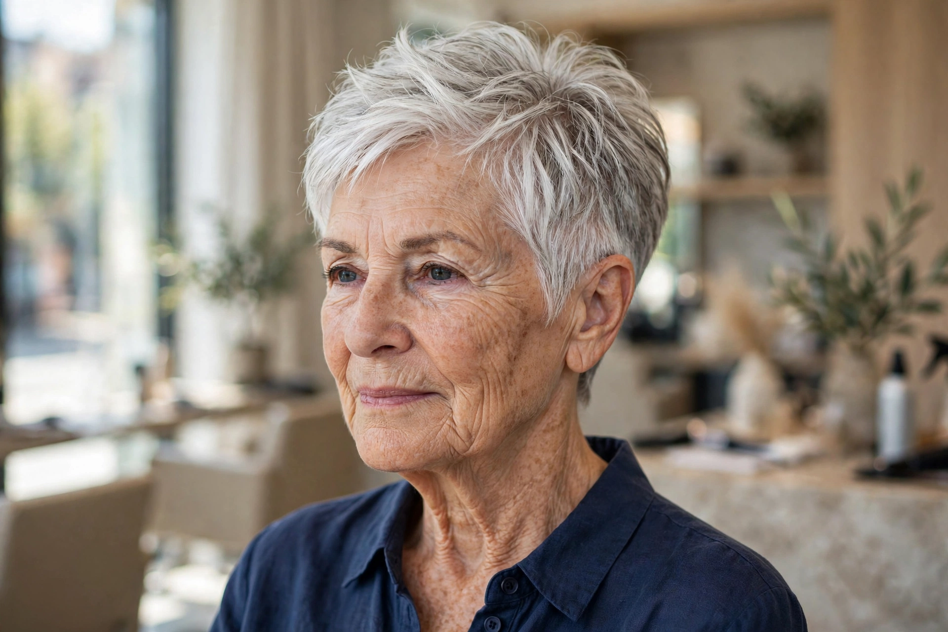 Modern silver pixie haircut for a woman over 60, short hairstyles for women over 60