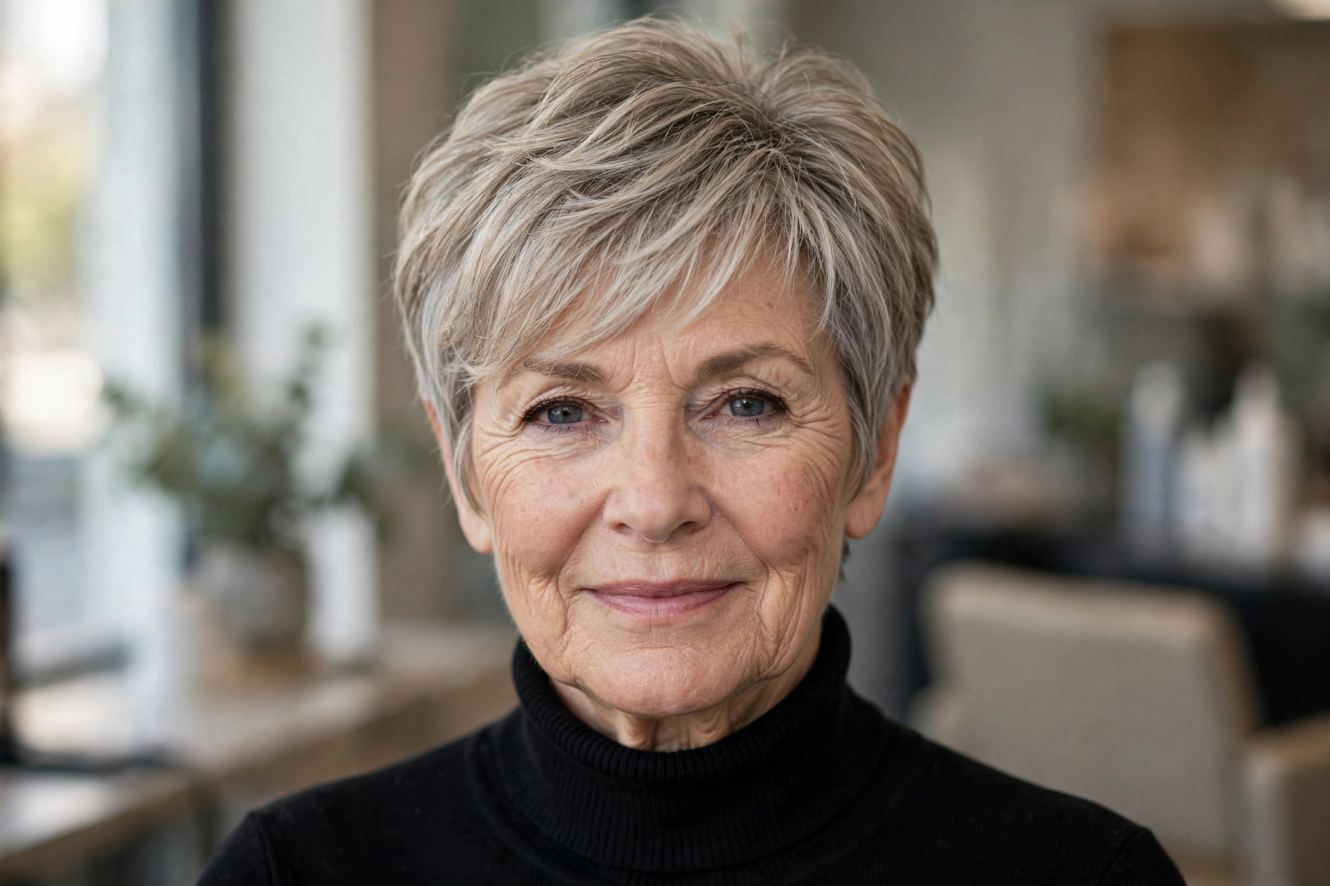 Textured short pixie haircut with side-swept bangs for a woman over 60