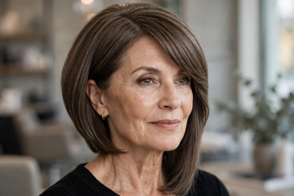 Woman over 50 with an angled bob haircut for thick hair.