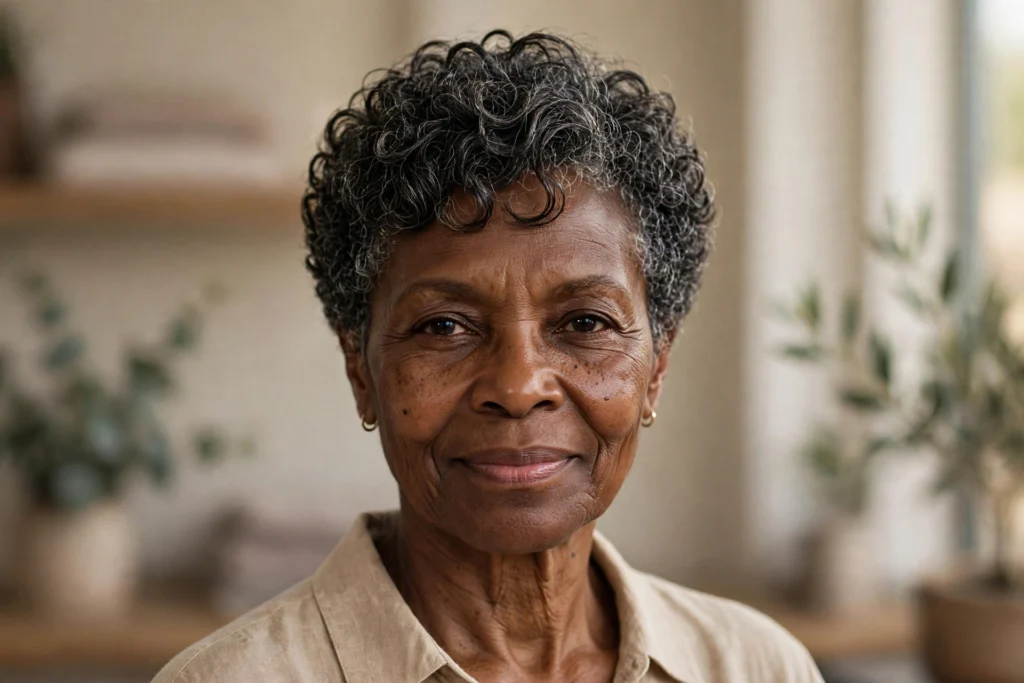 Woman over 50 with an asymmetrical bob haircut for thick hair.