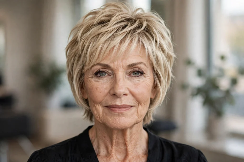 Woman over 50 with a bixie haircut for thick hair.