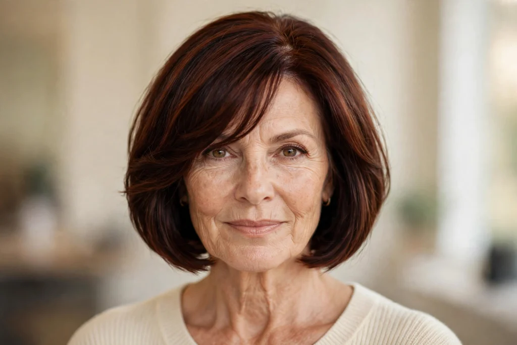 Woman over 50 with a chin-length bob haircut for thick hair.