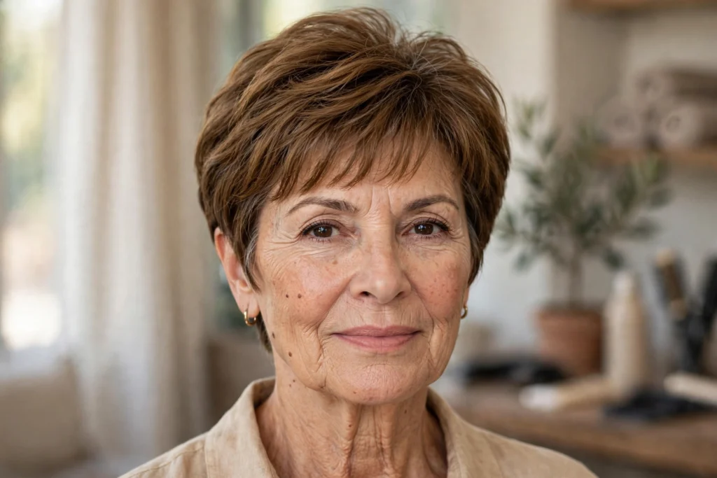 Woman over 50 with a choppy bob haircut for thick hair.