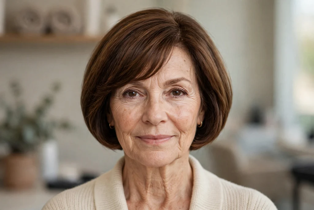 Woman over 50 with a classic short bob haircut for thick hair.