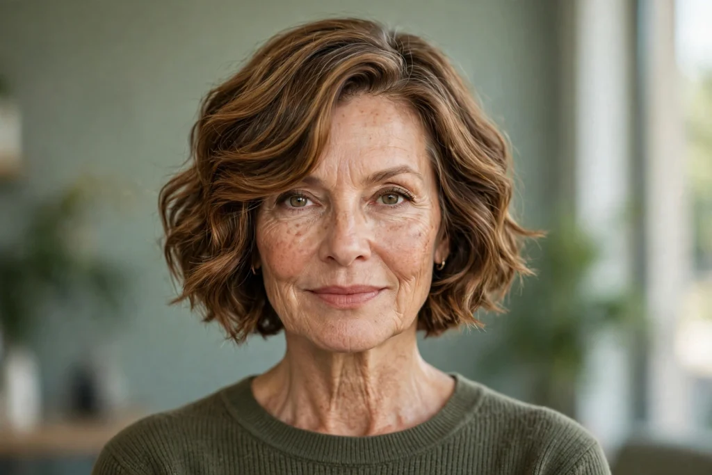 Woman over 50 with a curly short crop for thick hair.