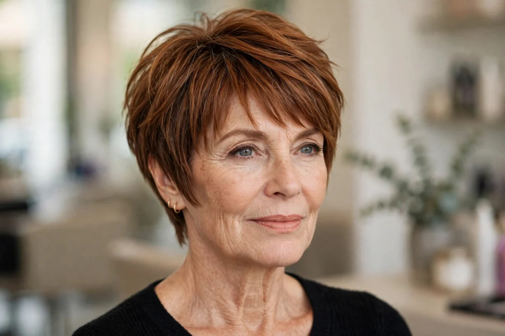 Woman over 50 with an ear-length bob haircut for thick hair.