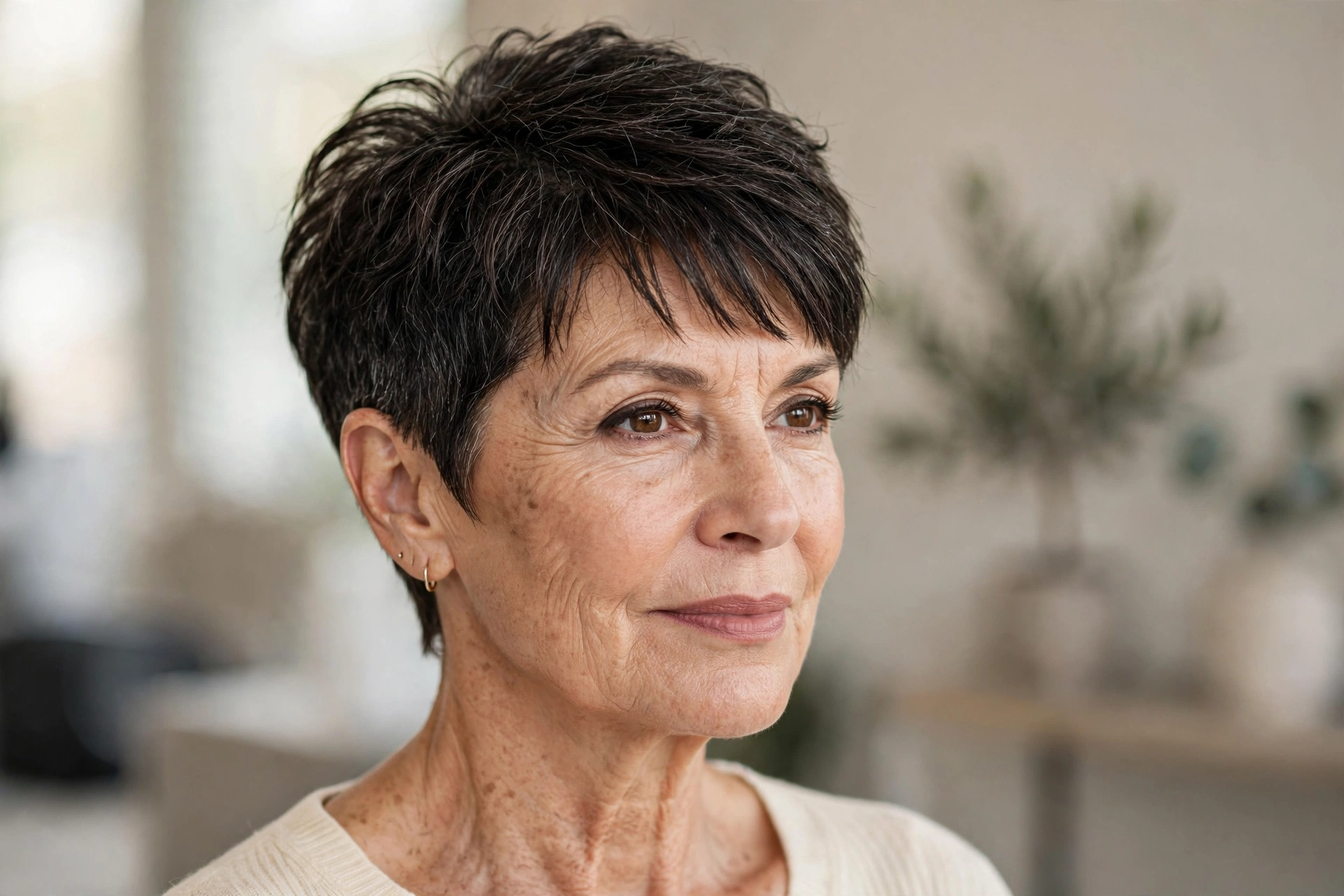 Woman over 50 with a feathered pixie haircut for thick hair.