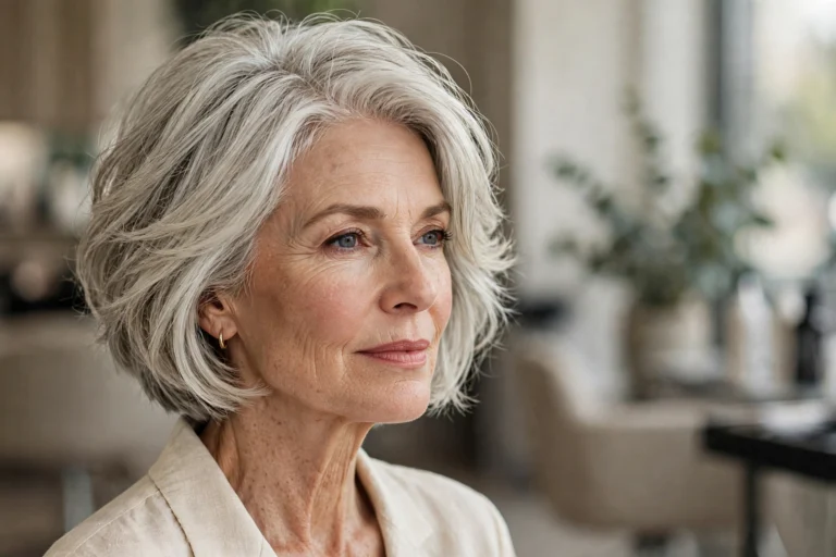 Elegant woman over 50 with a modern layered short haircut for thick hair.