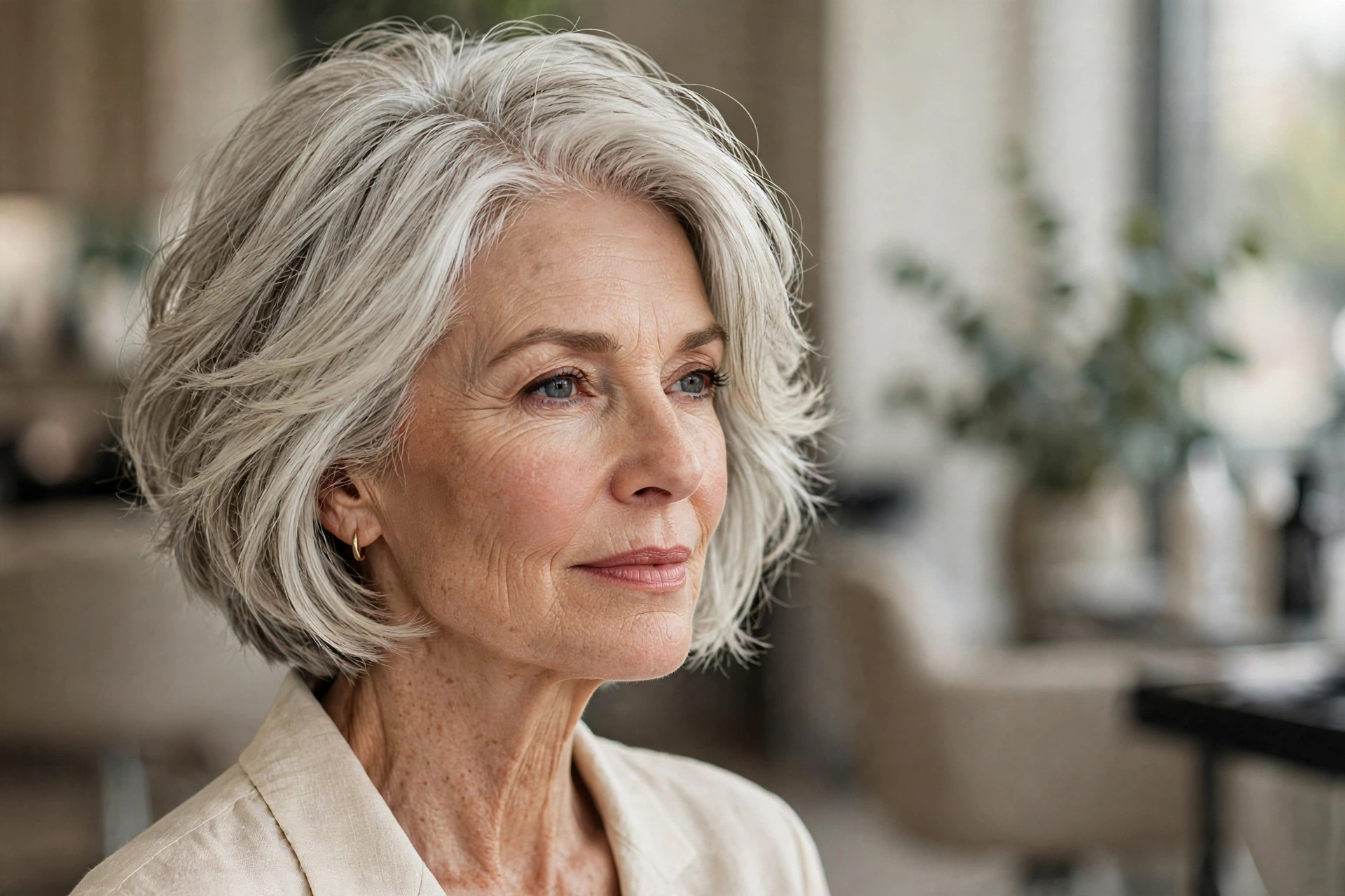 Elegant woman over 50 with a modern layered short haircut for thick hair.