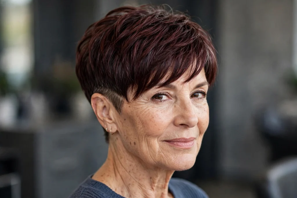 Woman over 50 with a French bob haircut for thick hair.