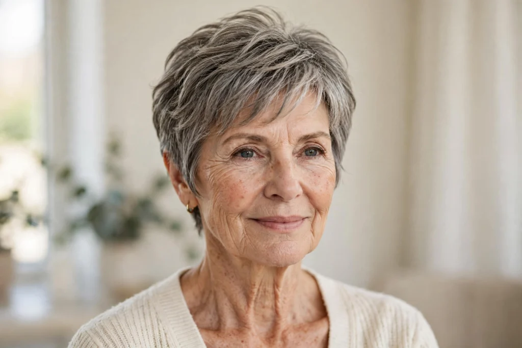 Woman over 50 with a modern layered bob haircut for thick hair, short hairstyles for women over 50 with thick hair
