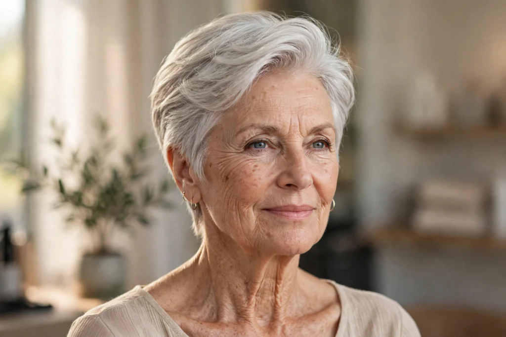 Woman over 50 with a layered short crop for thick hair.