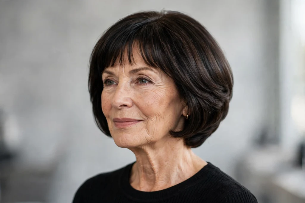 Woman over 50 with a long pixie haircut and fringe for thick hair.
