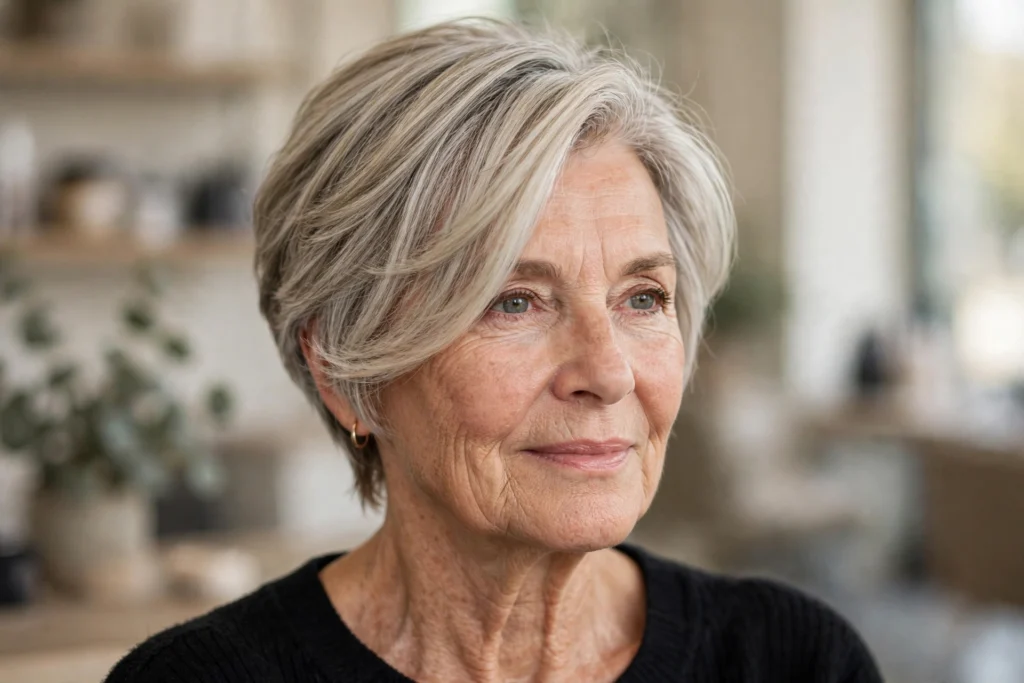 Woman over 50 with a piecey short crop for thick hair.